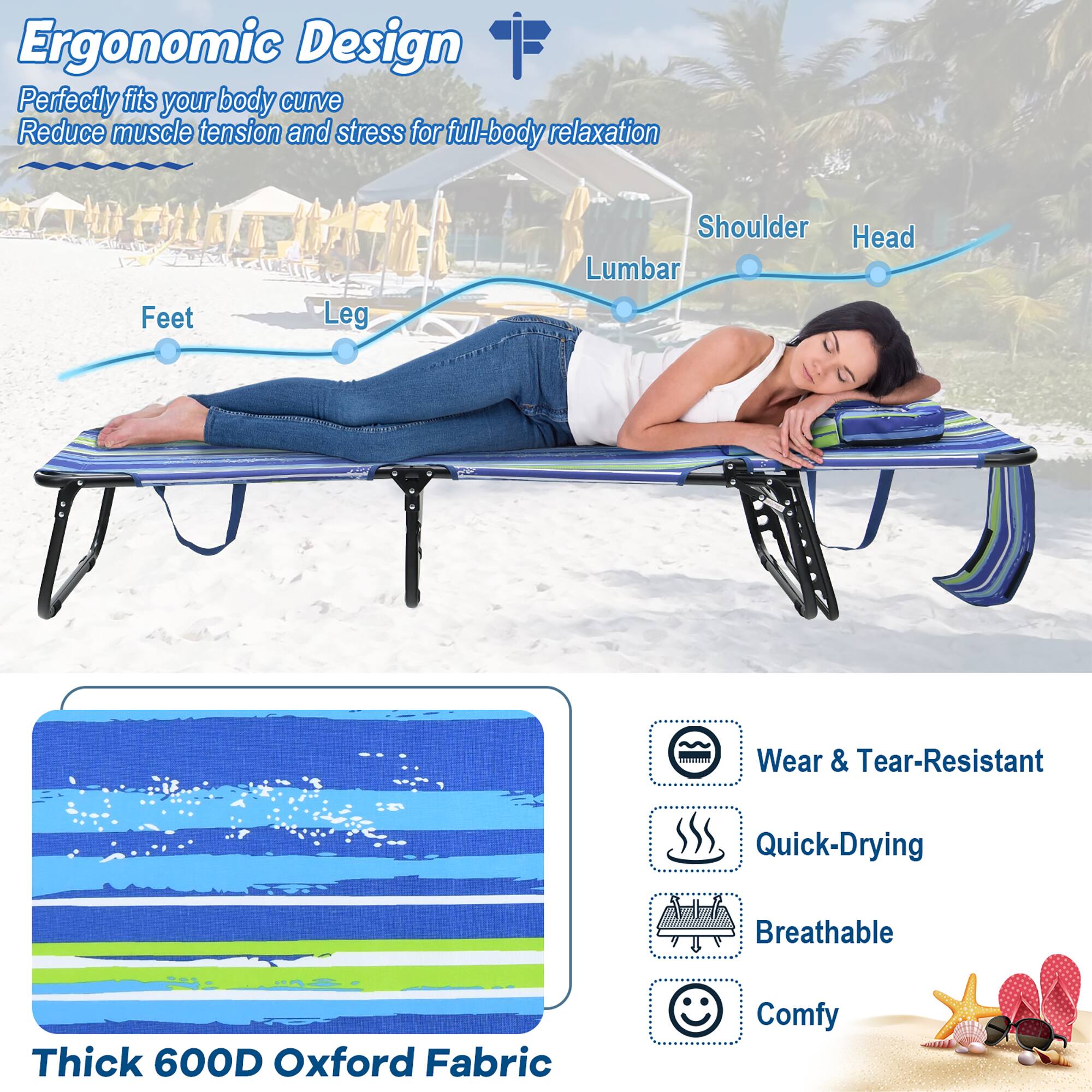 Ergonomic Design: Perfectly fits your body curve, Reduce muscle tension and stress for full-body relaxation

Wear & Tear-Resistant, Quick-Drying, Breathable, Comfy

Thick 600D Oxford Fabric

Feet, Leg, Shoulder, Head, Lumbar