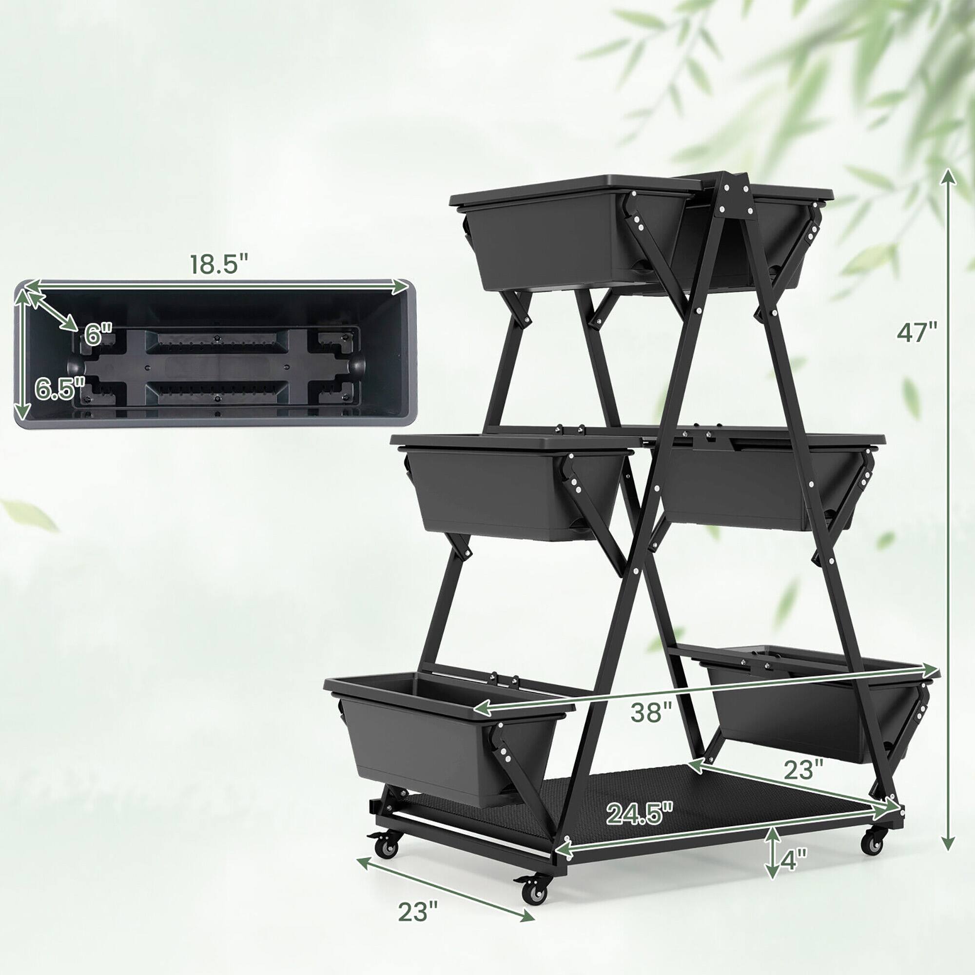 18.5" x 6" x 6.5"  
47" x 38" x 24.5" x 23" x 23" x 4"