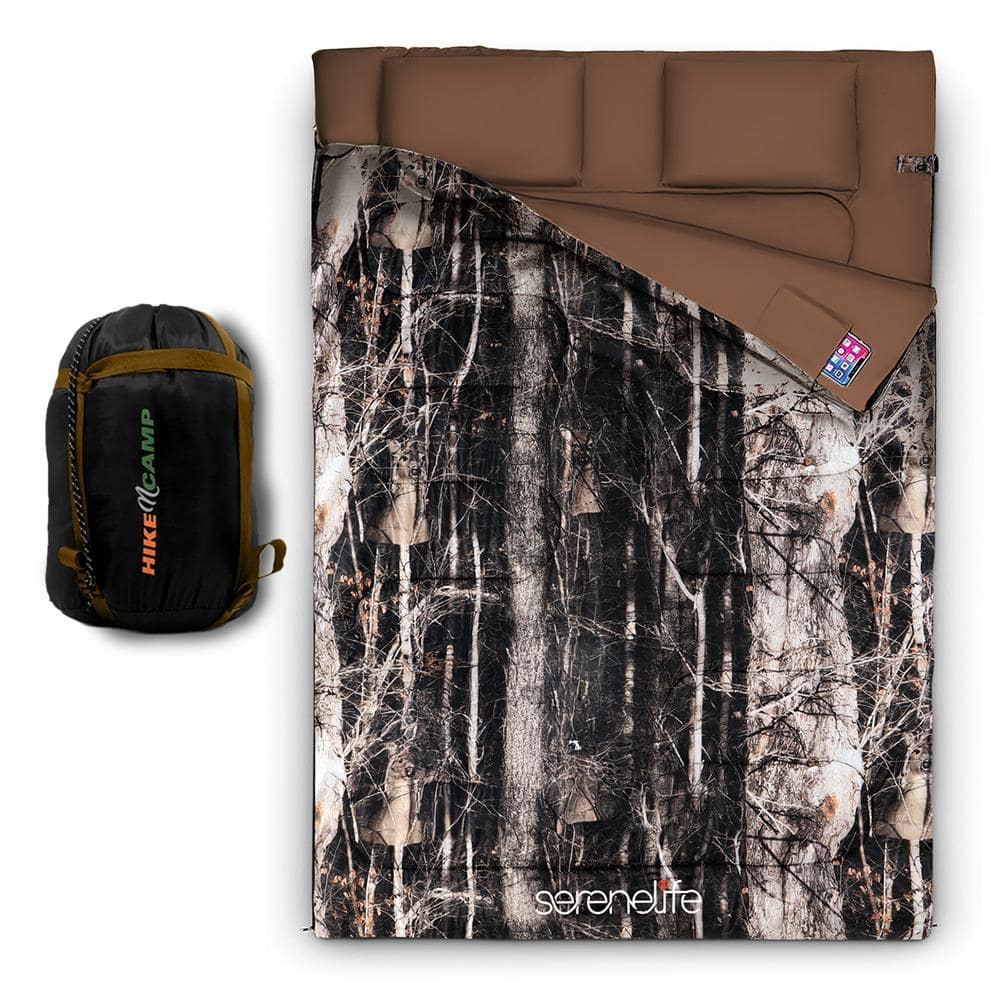 SereneLife - Double Sleeping Bag with 2 Pillows – Lightweight Waterproof 2-Person Camping Sleeping Bag - Brown