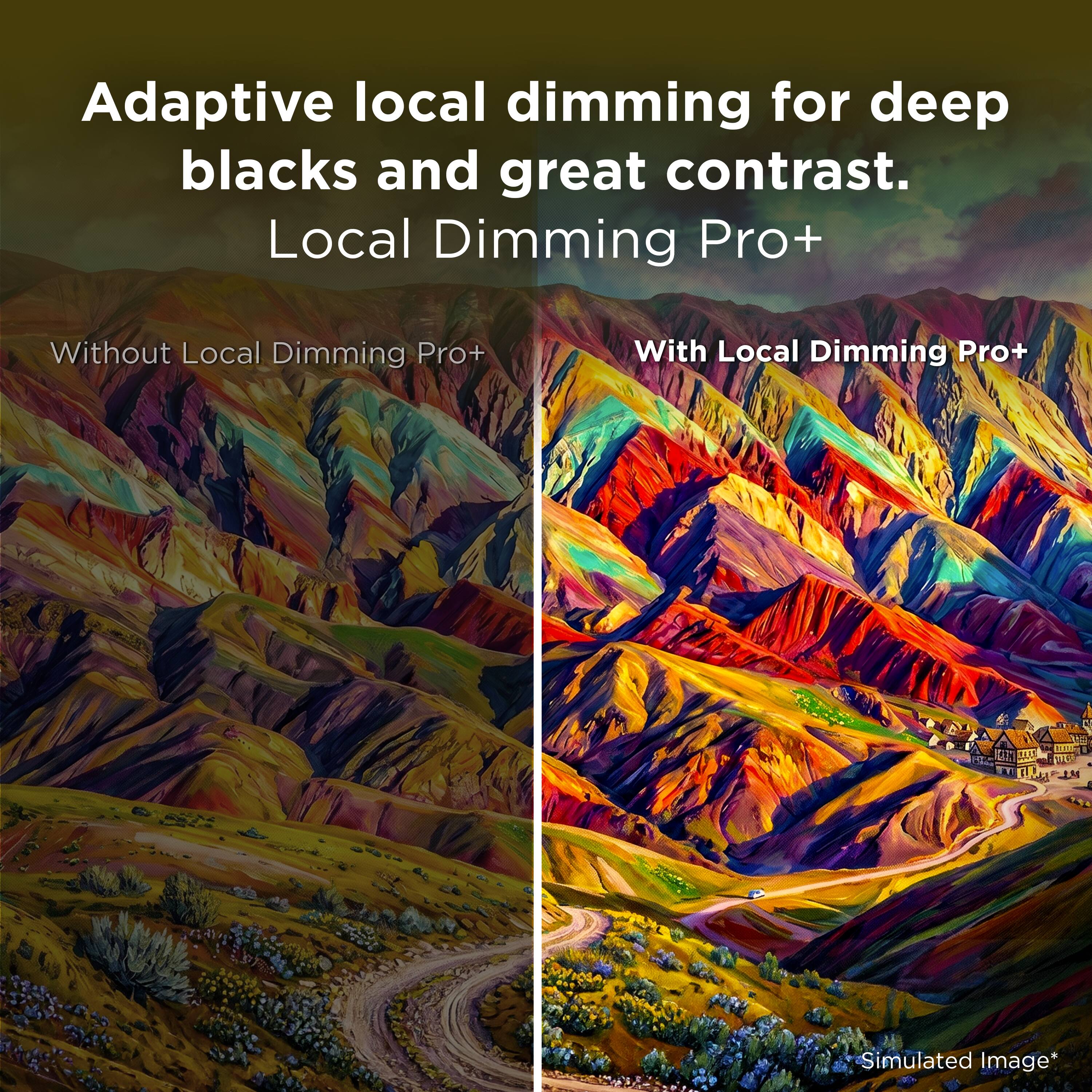 Adaptive local dimming for deep blacks and great contrast.  
Local Dimming Pro+  
Without Local Dimming Pro+  
With Local Dimming Pro+  
Simulated Image*