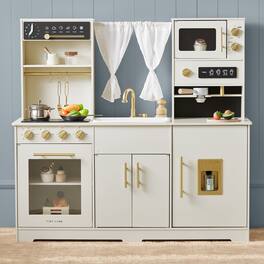 Tiny Land - Wooden Play Kitchen for Kids Ages 3+, Pretend Kitchen Set with Running Water, Sink, Oven, Microwave & Coffee Maker - Cream