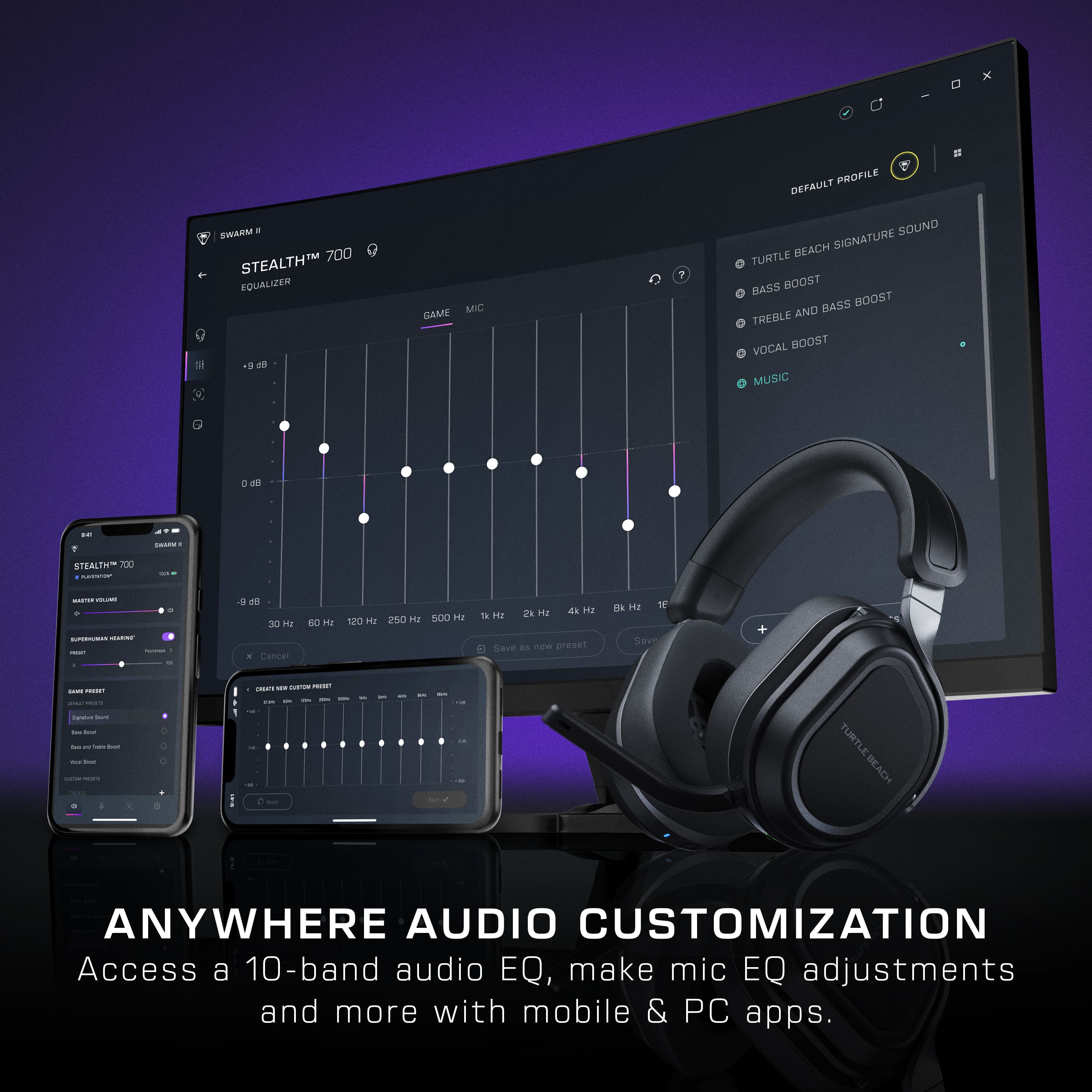 The text on the image is grouped and corrected as follows:
"Anywhere Audio Customization: Access a 10-band audio EQ, make mic EQ adjustments and more with mobile & PC apps."