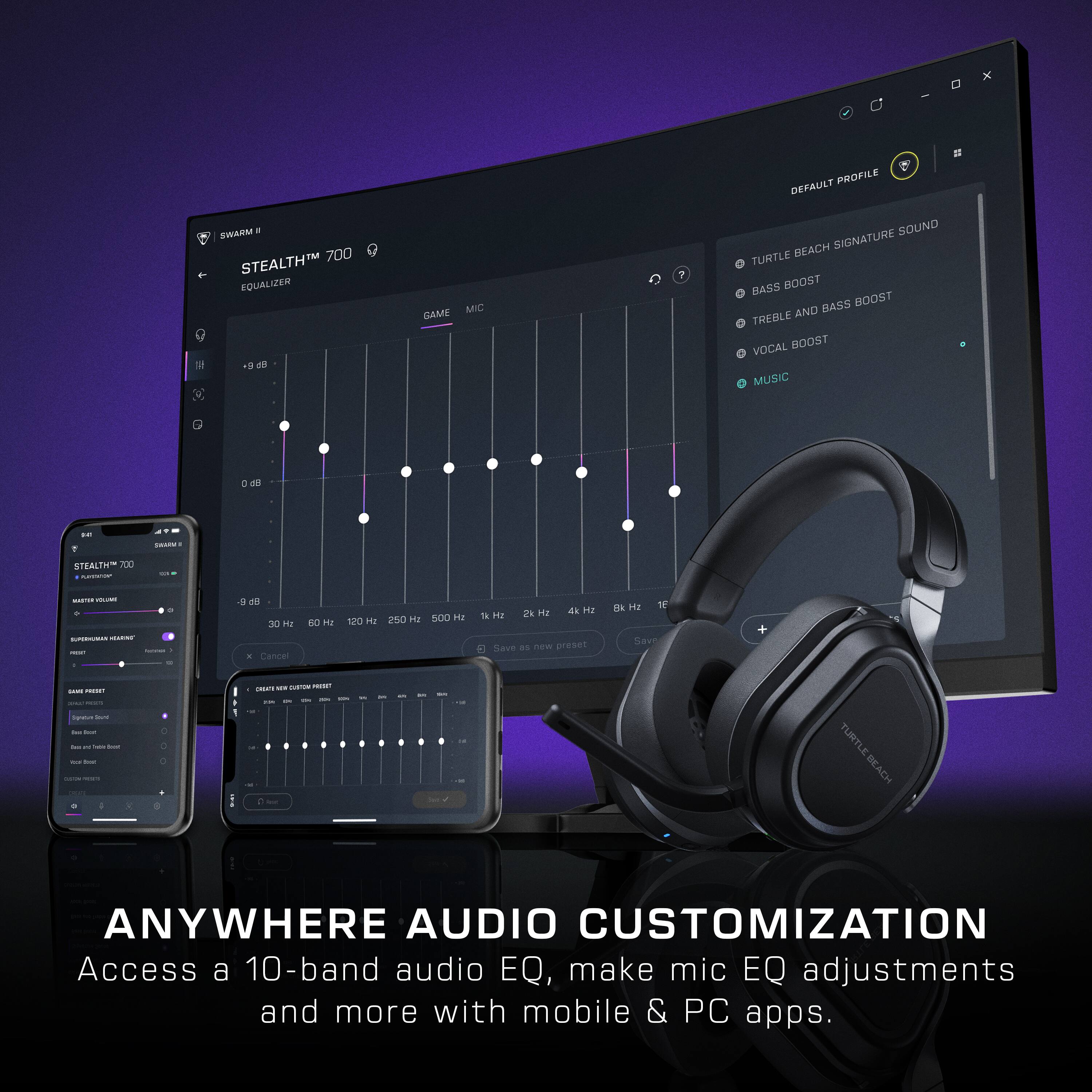 The text on the image is grouped and corrected as follows:

"Anywhere Audio Customization: Access a 10-band audio EQ, make mic EQ adjustments and more with mobile & PC apps."