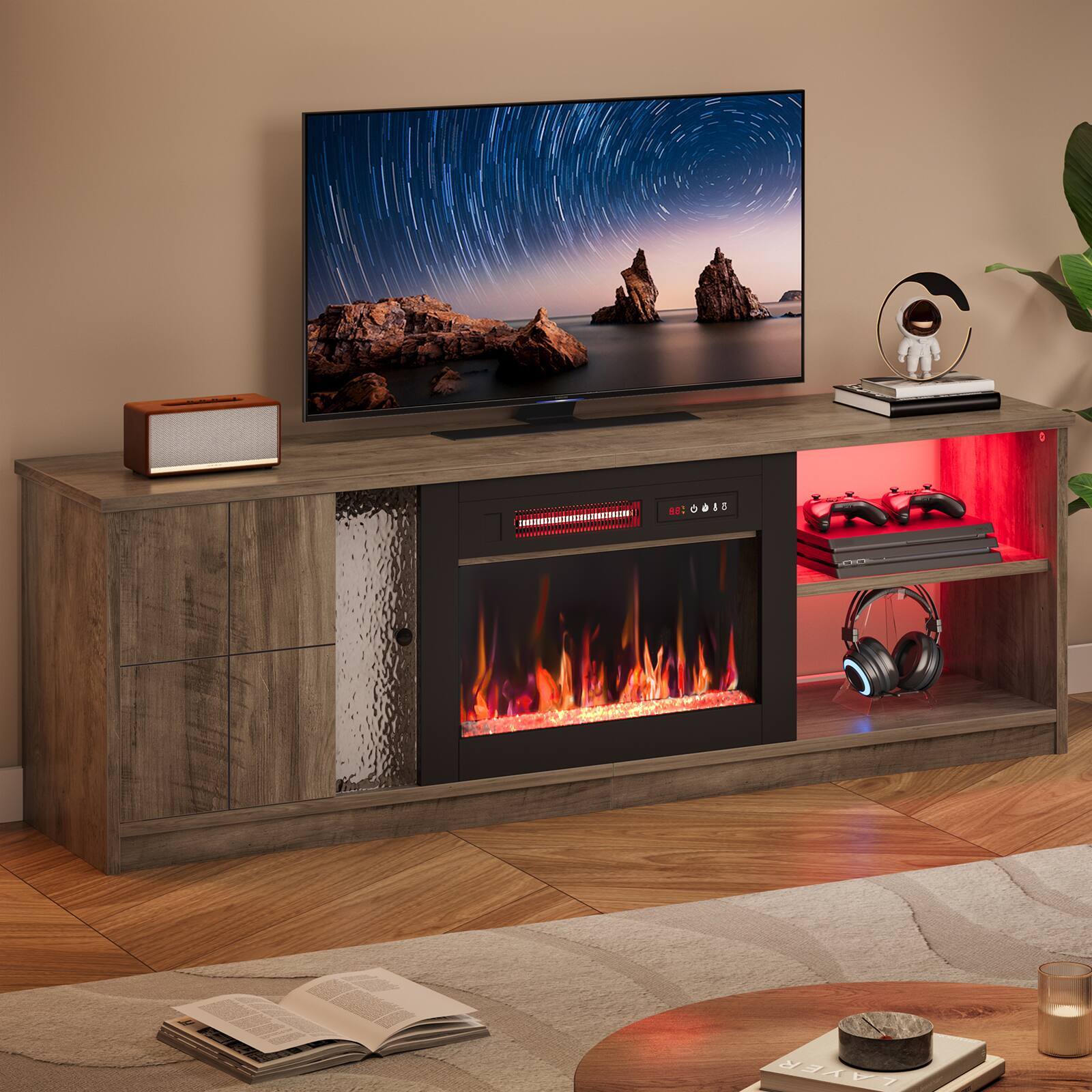 Angle. Pinmoco - Pinmoco - 63" Electric Fireplace LED TV Stand for up to 70" TVs with Cabinet & Shelves - Wash Gray - Wash Gray.