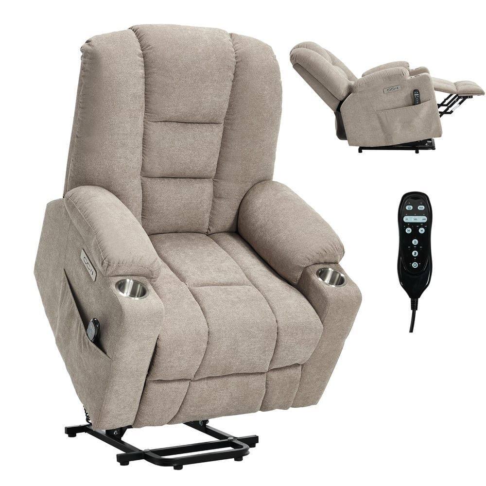 Back. Kadyn - Power Lift Recliner Chair, Massage & Heat, Dual USB Ports, Cup Holders, 155° Recline, khaki - Brown.