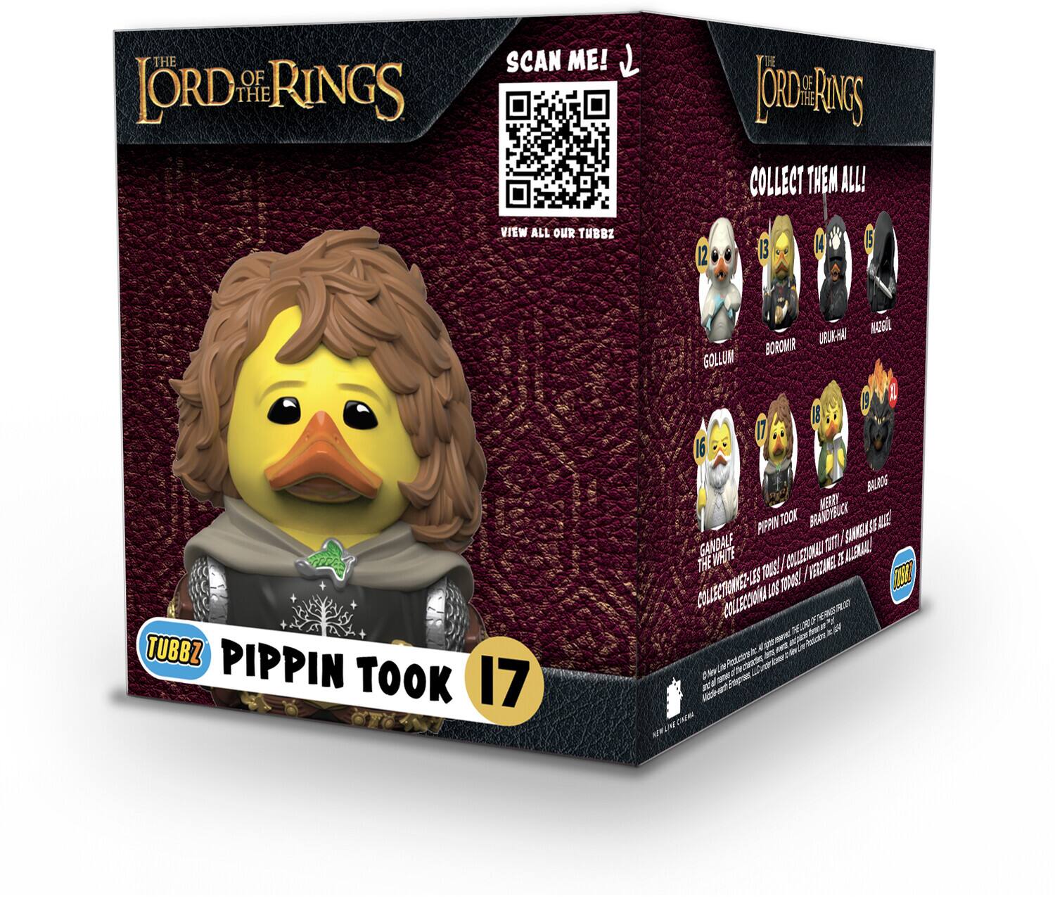 The text on the image is:

"THE LORD OF THE RINGS SCAN ME! (Oro OF THE RINGS COLLECT THEM ALL! VIEW ALL OUR TUBBZ 12 13 14 15 GOLLUM URUN-HA BOROMIR NS TUBBZ PIPPIN TOOK 17 B 18 17 16 BALROG TUER PIPPIN TOOK BRANDYBUCK OE AE GANDALF THE WHITE I COLLECT ALL TUBBZ 10 TO COLLECT ONE 2-E3 10 TO COLLECT ONE N2S A A Adetogic an on on A pa J o IN AEF"

Corrected and grouped:

"THE LORD OF THE RINGS SCAN ME! COLLECT THEM ALL! VIEW ALL OUR TUBBZ: 12 (GOLLUM), 13 (URUN-HA), 14 (BOROMIR), 15 (NS), 16 (BALROG), 17 (PIPPIN TOOK), 18 (PIPPIN TOOK), 17 (BRANDYBUCK), 16 (GANDALF THE WHITE). I COLLECT ALL TUBBZ: 10 TO COLLECT ONE, 2-E3, 10 TO COLLECT ONE, N2S."