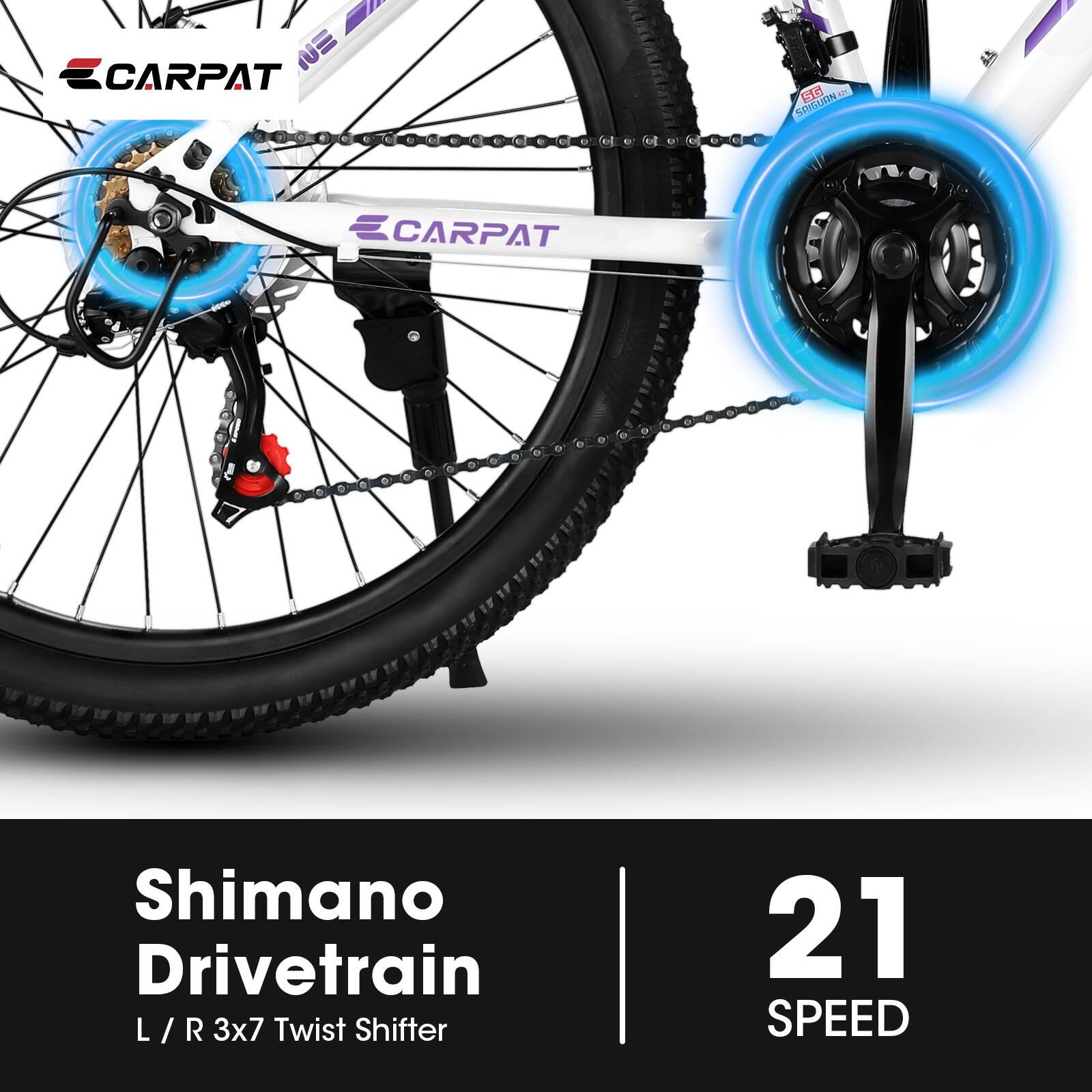 CARPAT Shimano Drivetrain  
L / R 3x7 Twist Shifter  
21 SPEED