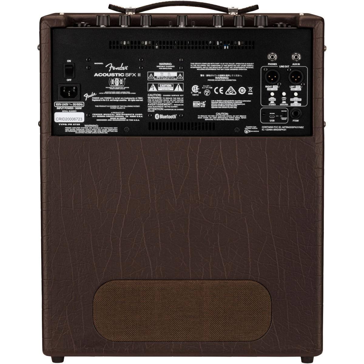 - Fender ACOUSTIC SFX II
- 14 WATTS
- 100-240V ~ 50/60Hz
- OUTPUT POWER: 14W
- CRID20006723
- CAUTION
- ACOUSTIC PAUTION CAUTION
- WARNING
- AVERTISSEMENT
- Bluetooth
- CE
- DON'TS
- PHONES
- LINE OUT
- AUX IN
- RIGHT
- LEFT
- USB
- FSW
- DOWNLOAD FPC: ATTACHSFX2
- TEAM FENDER.COM