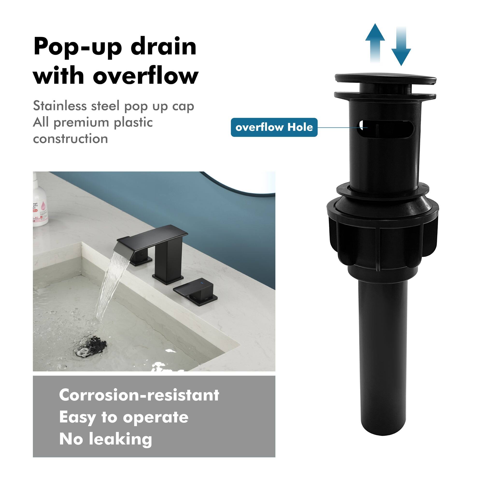 Pop-up drain with overflow

Stainless steel pop up cap  
All premium plastic construction

Corrosion-resistant  
Easy to operate  
No leaking