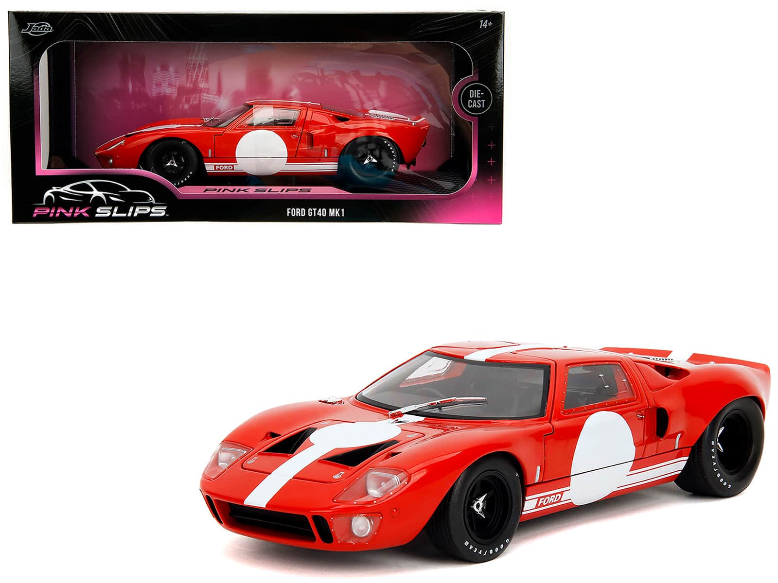 "Ford GT40 MK1 Red with White Stripes and Graphics ""Pink Slips"" Series 1/18 Diecast Model Car by Jada" price history on PriceWatchPro