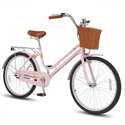 Front. Gymax - Gymax 24-Inch Beach Cruiser Bike w/Adjustable Seat Woven Basket & Rear Rack for City Pink - Pink.