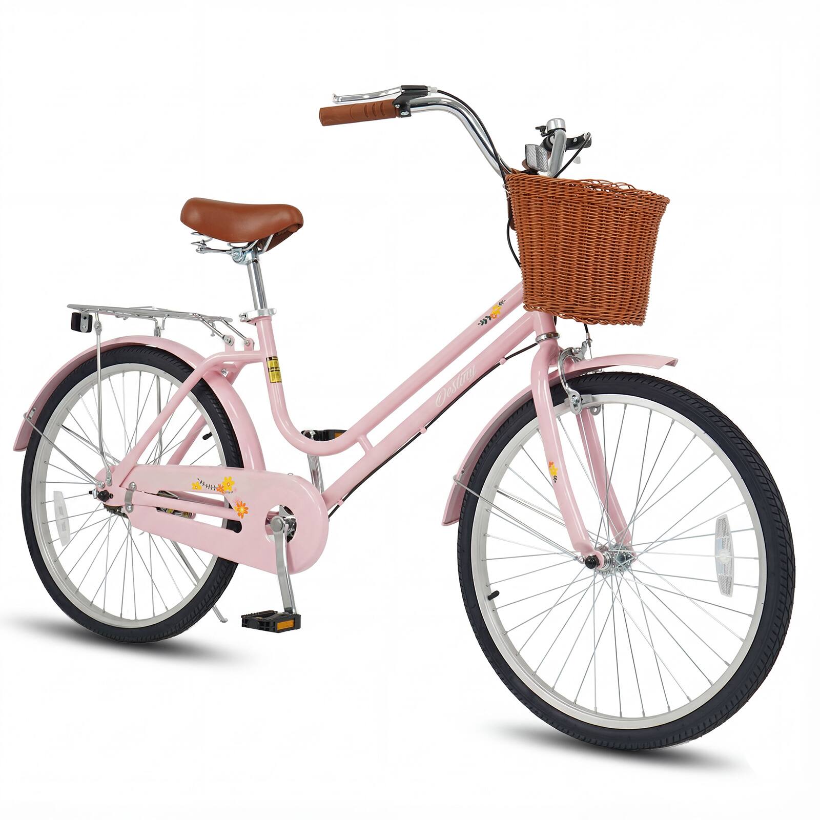Front. Gymax - Gymax 24-Inch Beach Cruiser Bike w/Adjustable Seat Woven Basket & Rear Rack for City Pink - Pink.