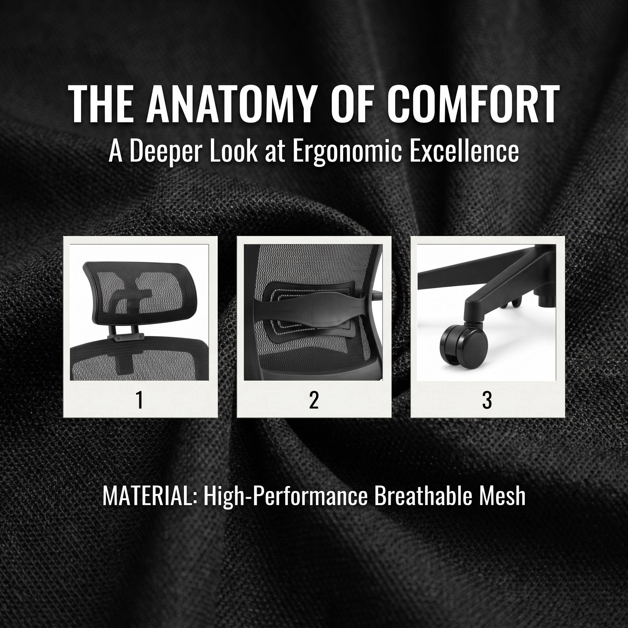 THE ANATOMY OF COMFORT  
A Deeper Look at Ergonomic Excellence  

1  
2  
3  

MATERIAL: High-Performance Breathable Mesh