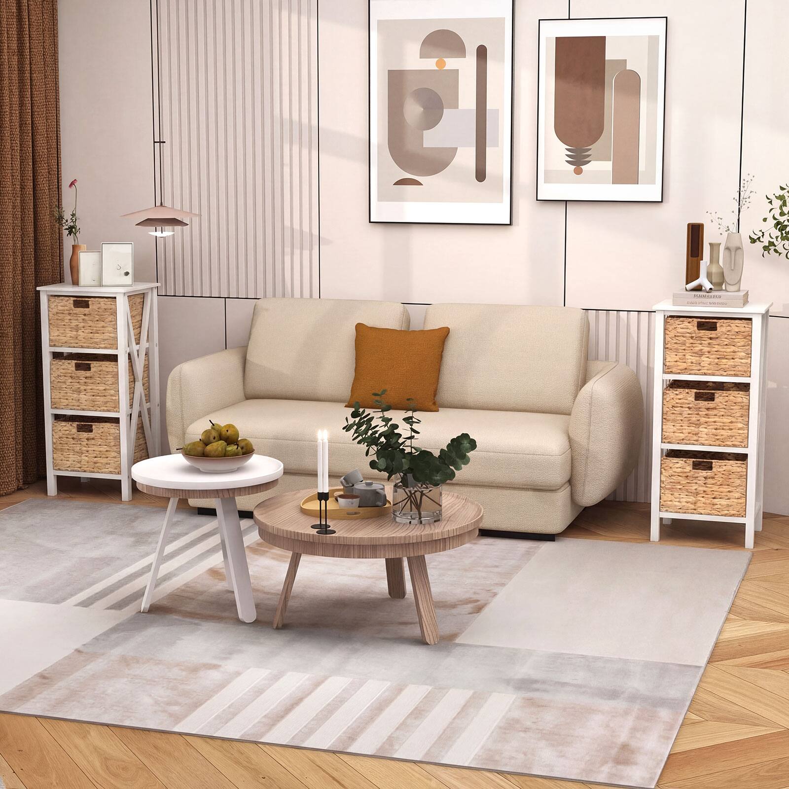 Alt View 3. Costway - Costway 2PCS 4-Tier Nightstand with 3 Seagrass Baskets, Acacia Wood Legs for Living Room - White & Natural.