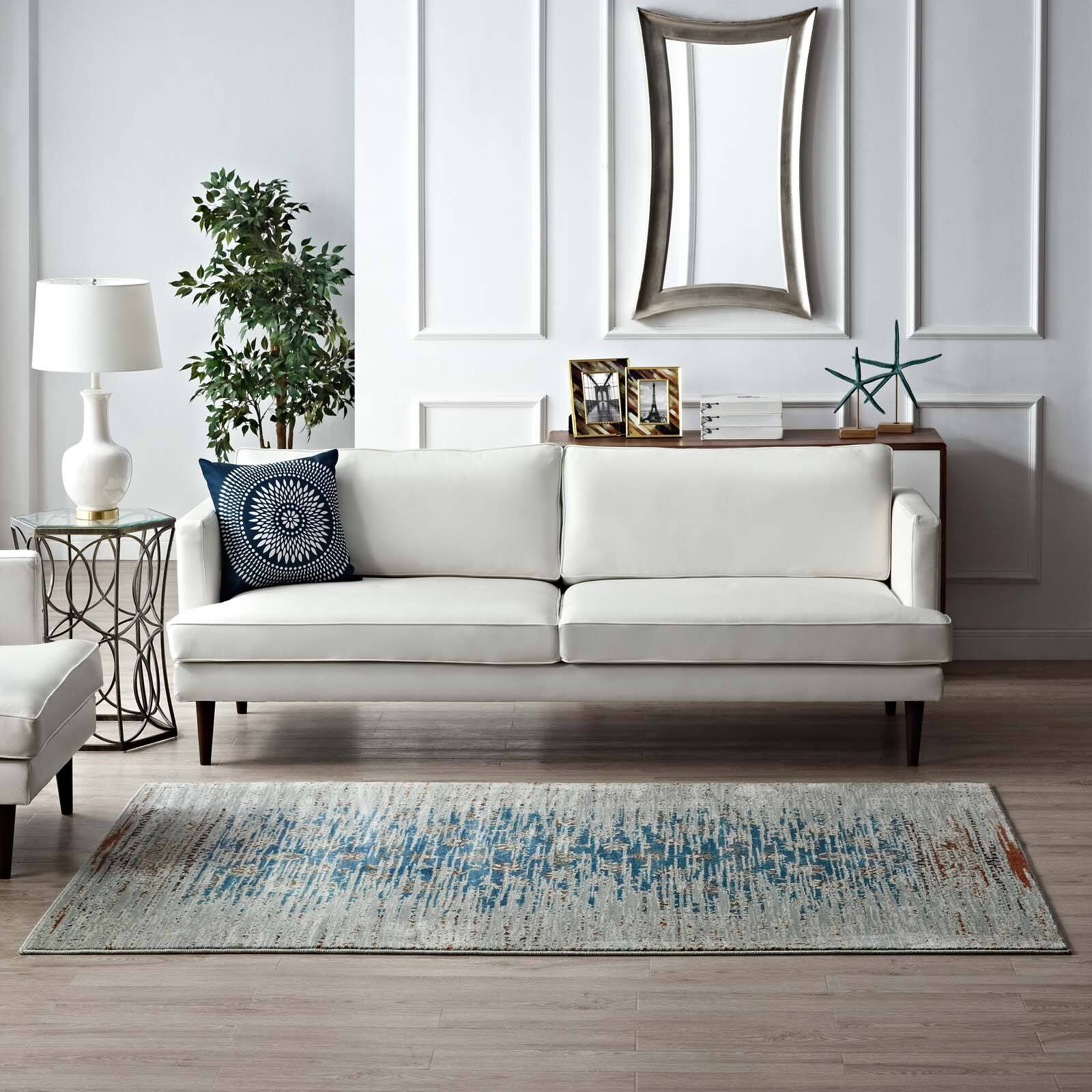 Left. Modway - Hesper Distressed Contemporary Floral Lattice Area Rug - Teal Beige and Brown.