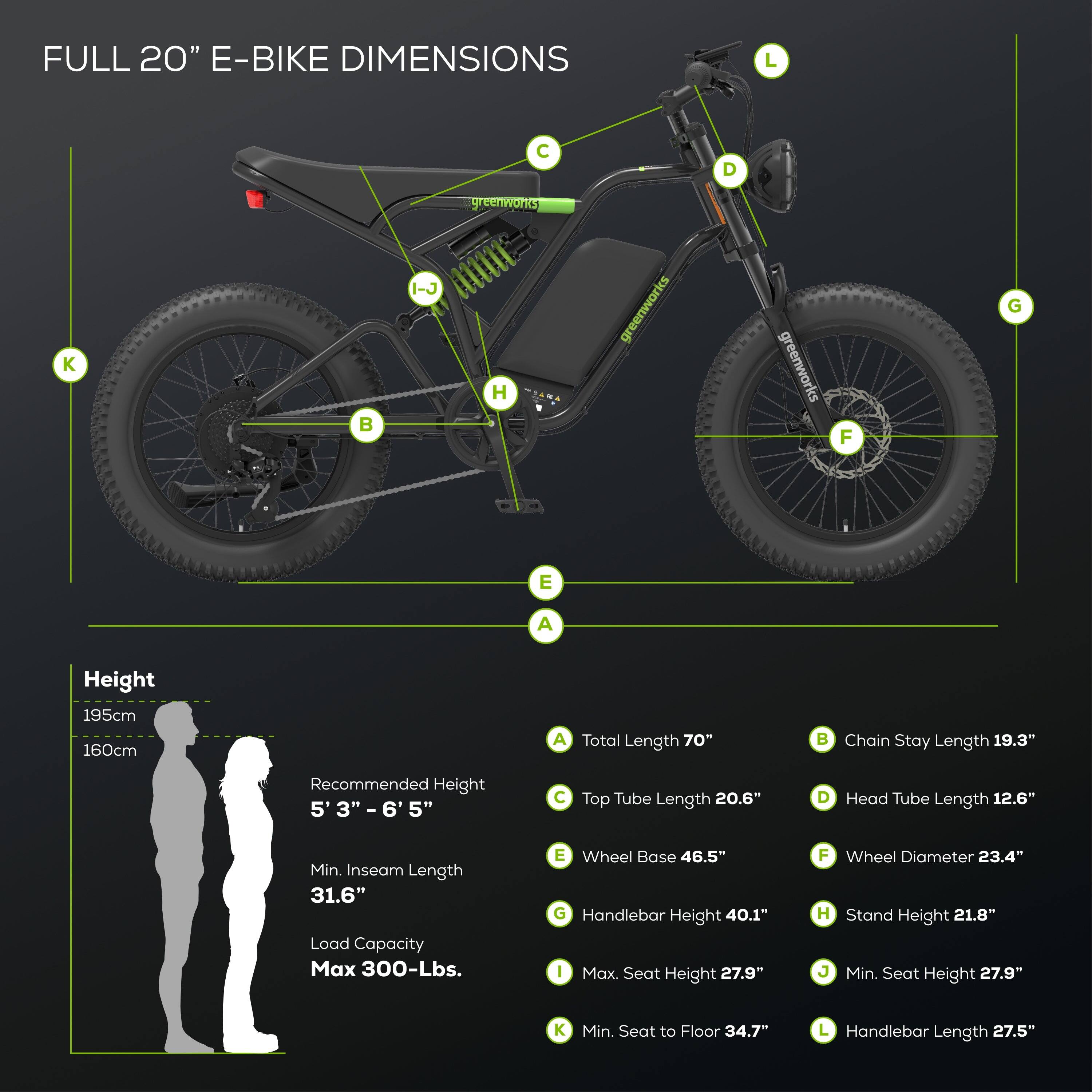 FULL 20" E-BIKE DIMENSIONS

Height
195cm
160cm

Recommended Height
5' 3" - 6' 5"

Min. Inseam Length
31.6"

Load Capacity
Max 300-Lbs.

A. Total Length
70"

B. Chain Stay Length
19.3"

C. Top Tube Length
20.6"

D. Head Tube Length
12.6"

E. Wheel Base
46.5"

F. Wheel Diameter
23.4"

G. Handlebar Height
40.1"

H. Stand Height
21.8"

I. Max. Seat Height
27.9"

J. Min. Seat Height
27.9"

K. Min. Seat to Floor
34.7"

L. Handlebar Length
27.5"