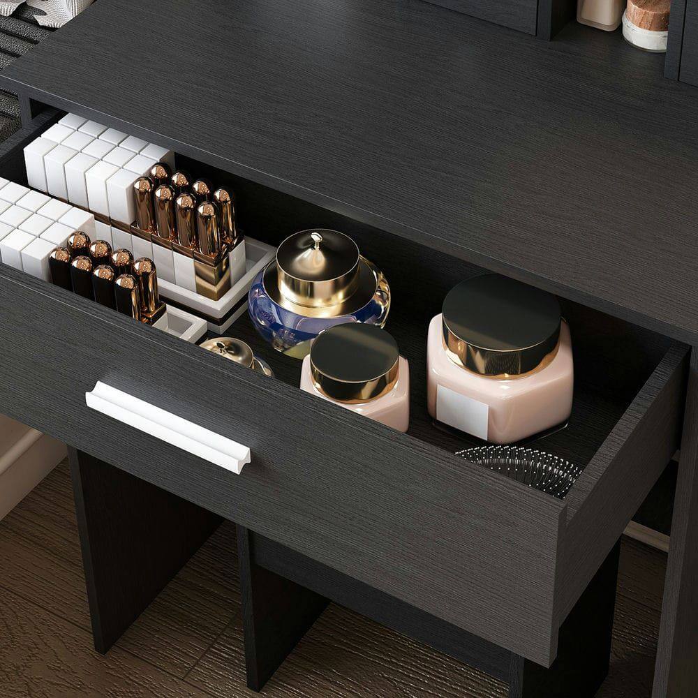 Angle. Kadyn - Compact Vanity Desk with Adjustable LED Mirror and Power Outlet - Black - Black.