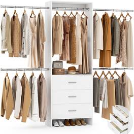 Aheaplus - Closet Organizer System with 3 Wood Drawers & 4 Hanging Rods – Walk-in Wardrobe Storage Rack - White