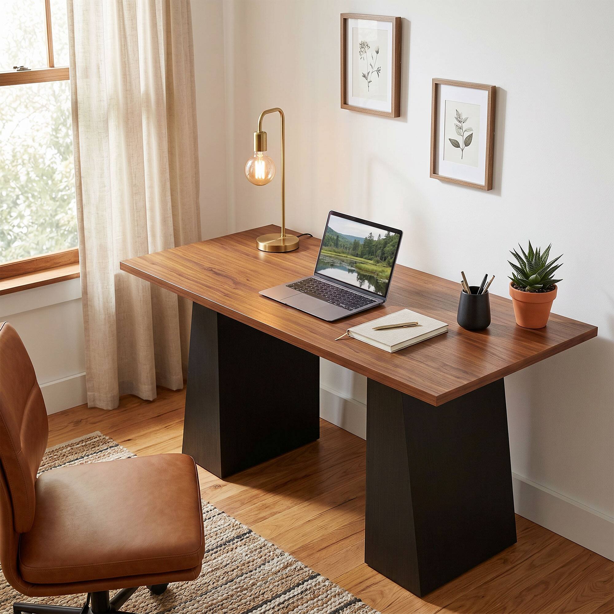 Alt View 1. Homcom - Inch Computer Desk with Trapezoidal Frame Light Walnut and - Light Walnut and Black.