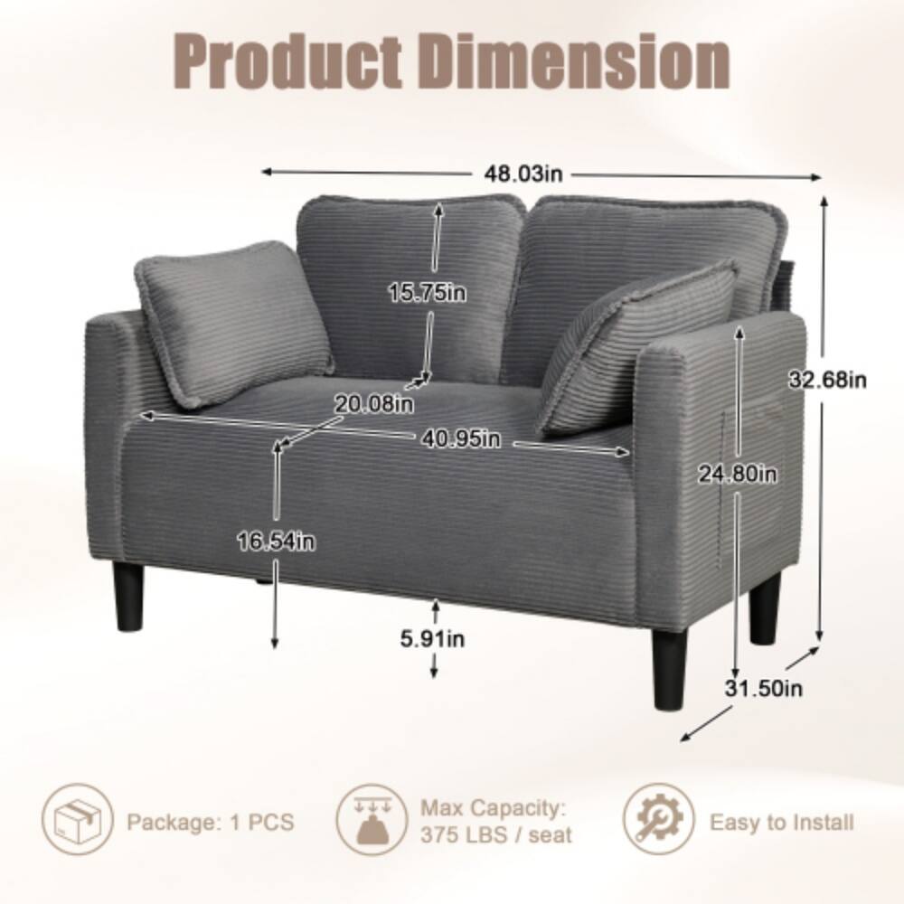 Product Dimension: 48.03in x 15.75in x 20.08in x 40.95in x 32.68in x 24.80in x 16.54in x 5.91in x 31.50in  
Package: 1 PCS  
Max Capacity: 375 LBS / seat  
Easy to Install
