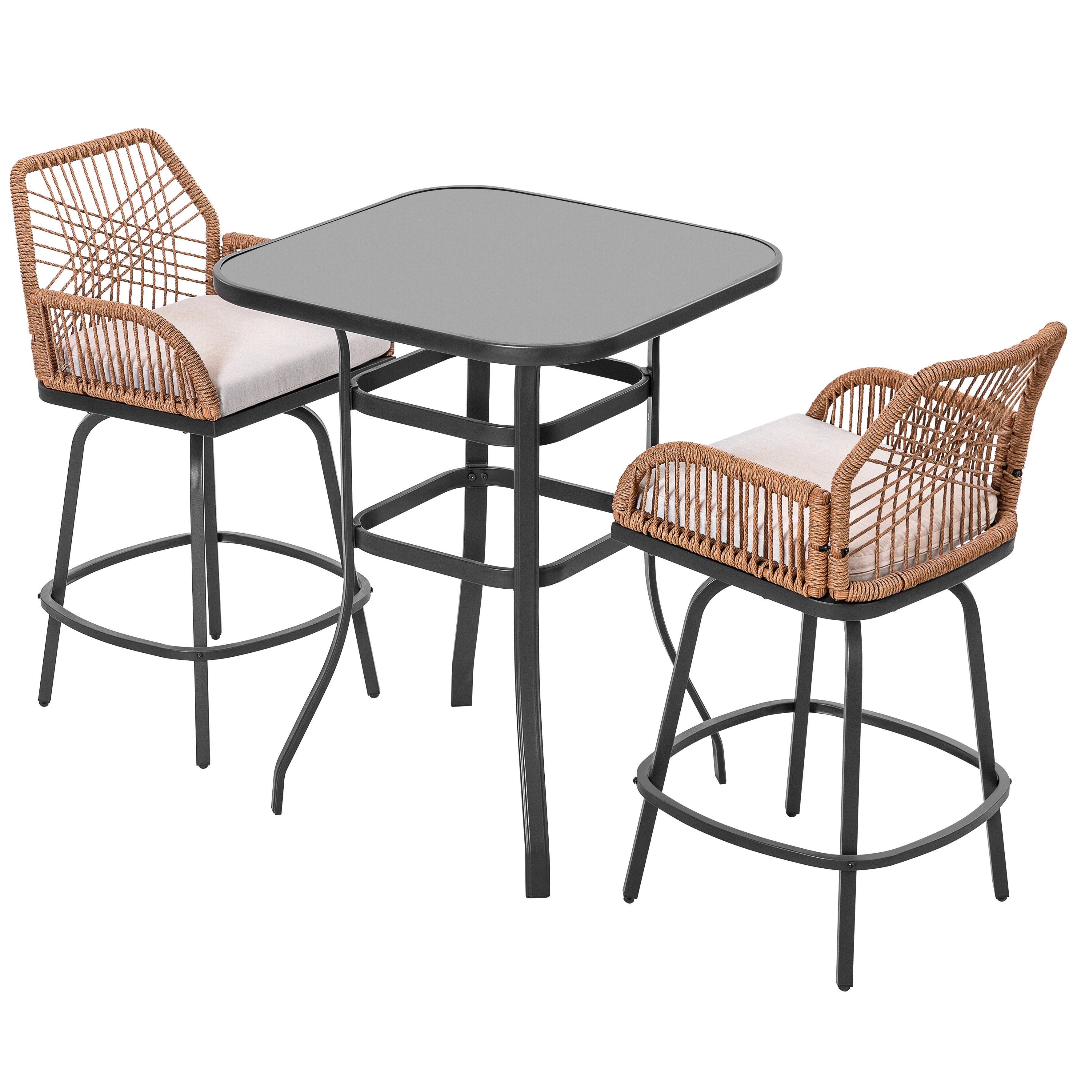 Alt View 6. Nuu Garden - Swivel Patio Bar Set with Cushions, Handwoven Twisted Rattan Design - 3pc Glass Top.