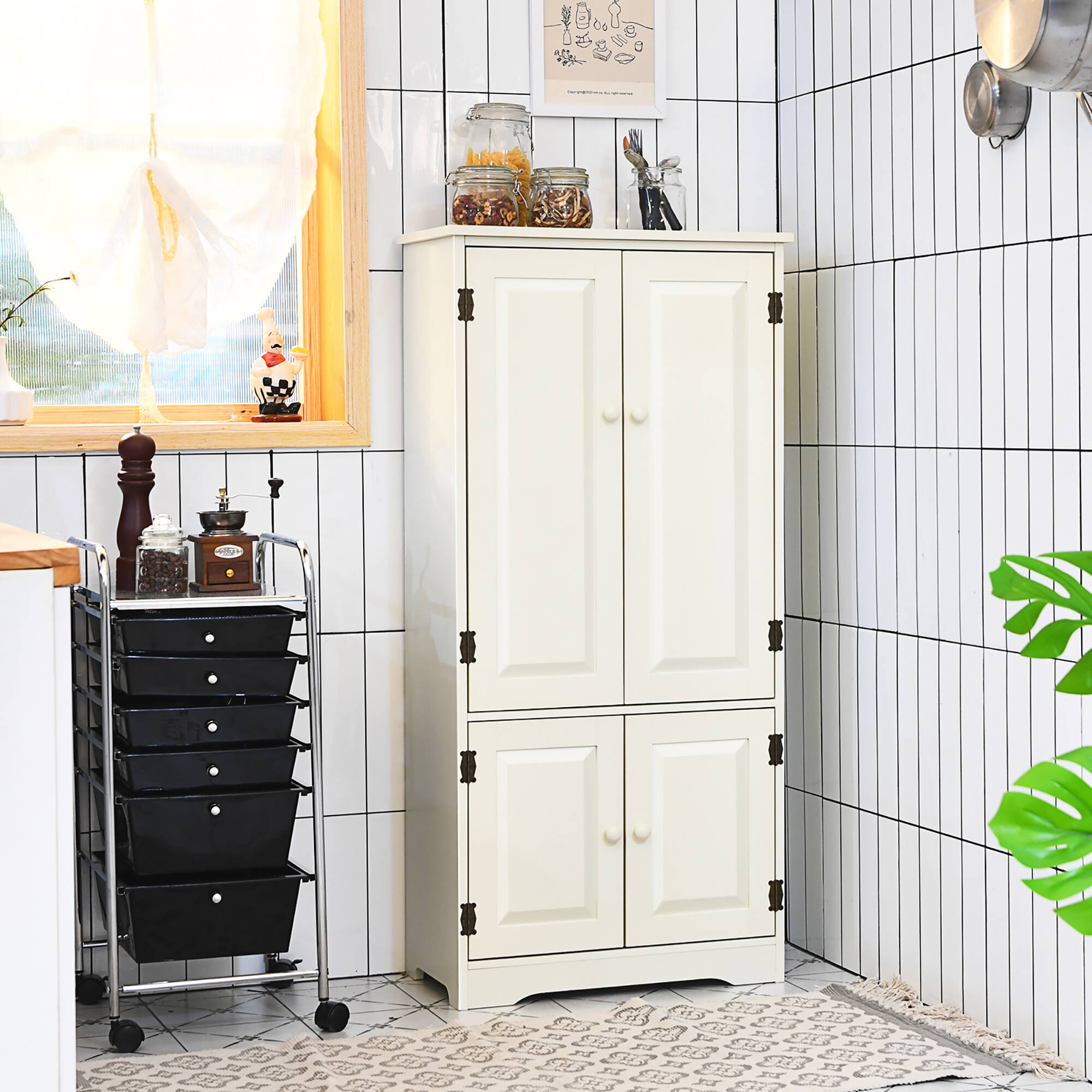 Alt View 3. Costway - Costway Accent Floor Storage Cabinet W/ Adjustable Shelves Antique 2-Door - White.