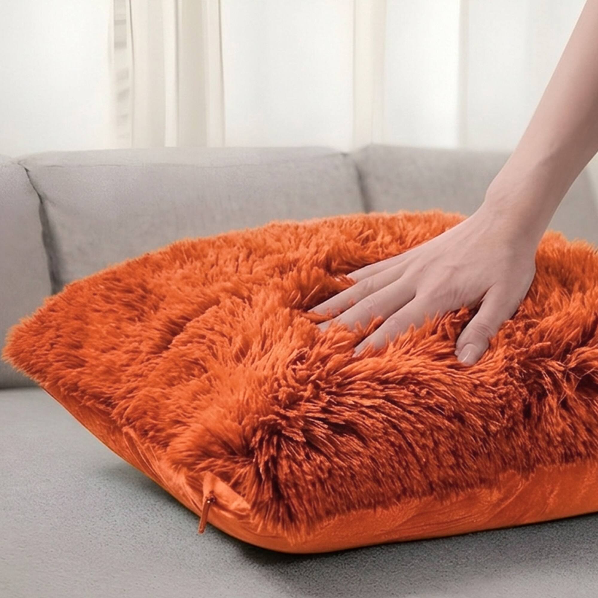 Left. Cheer Collection - Plush Shaggy Long Hair Faux Fur Accent Throw Pillows with Inserts, 18 x 18-Inch, Set of 2 - Rust - Rust.