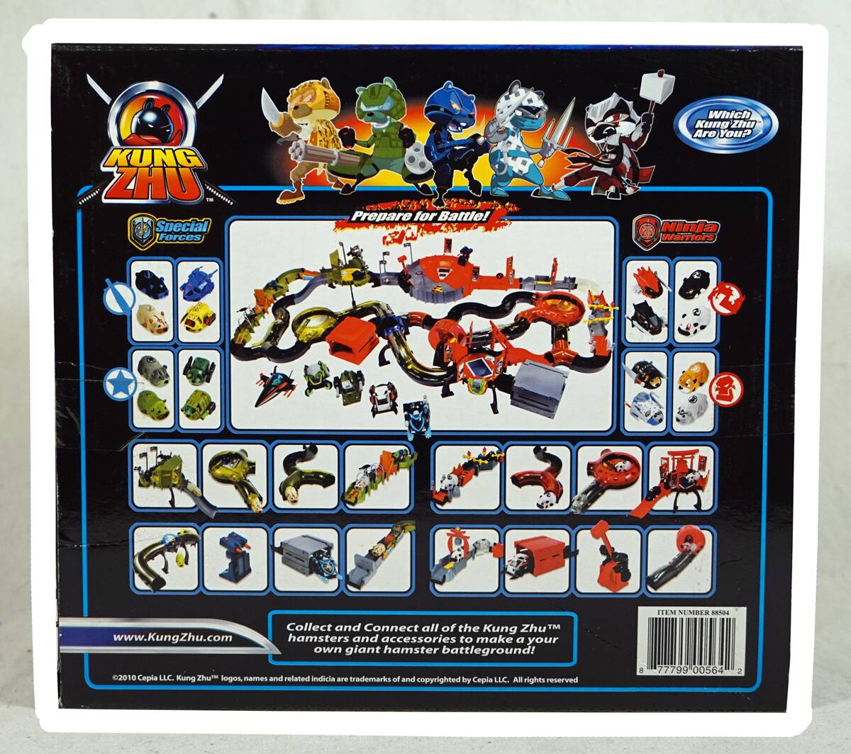 KUNG ZHU  
Special Forces Prepare for Battle!  
Which Kung Zhu Are You?  

Ninja Warriors  

Prepare for Battle!  

Collect and Connect all of the Kung Zhu™ hamsters and accessories to make your own giant hamster battleground!  

www.KungZhu.com  

©2010 Cepia LLC. Kung Zhu™ logos, names and related indicia are trademarks of and copyrighted by Cepia LLC. All rights reserved.  

ITEM NUMBER 1G504 77799 00564 2