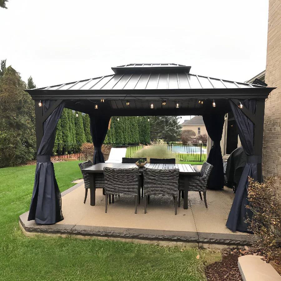 Alt View 1. PURPLE LEAF - 10' X 12' Outdoor Hardtop Gazebo for Patio Bronze Aluminum Frame Pavilion with Navy-Blue Curtain - 10' X 12'.