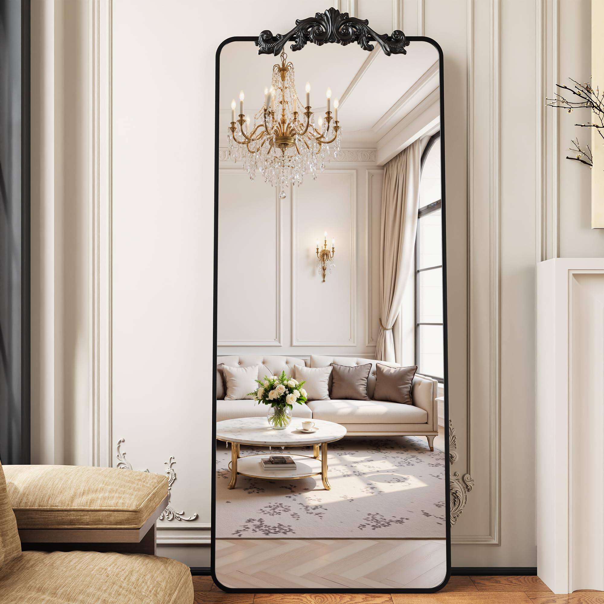 Comfort Essence - Full Length Mirror 58"x18" Floor Freestanding With Carved Metal Frame Body Mirrors For Living Room Standi - Black-71"Lx28"W-Retro Style