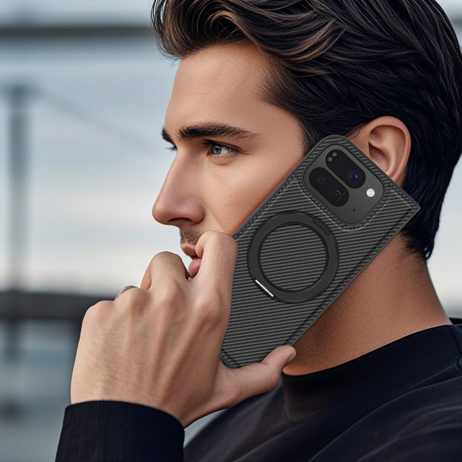 Alt View 1. Dteck - Magnetic Carbon Fiber Pattern Case for Google Pixel 10 Pro Fold with Stand, Shockproof Rigid Plastic Faux Leather Cover - Black.