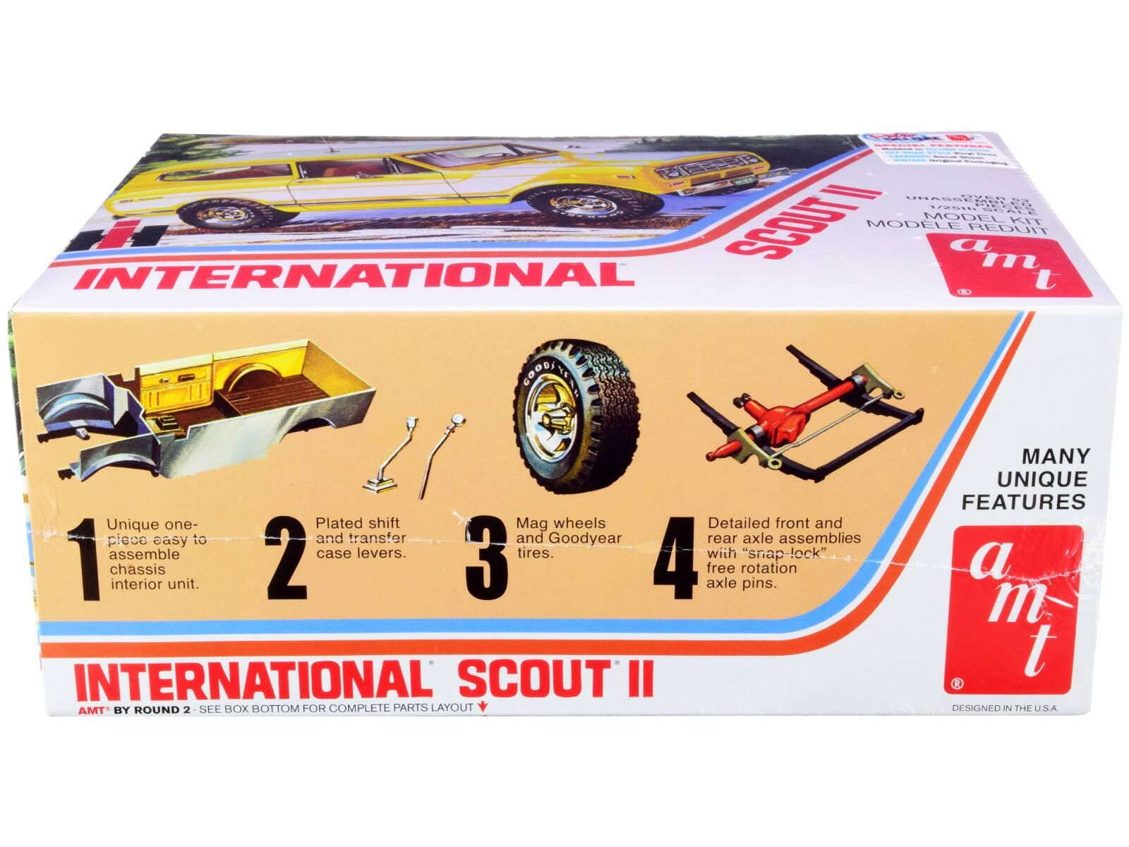 Sure, here is the corrected and grouped text from the image:

---

**INTERNATIONAL SCOUT II**

**1 DAnL MODEL 2518 DVER ... C. OCALI ALE KIT 52 SCOUTI MODELE REDUIT**

**a m t**

**Unique one-piece easy to assemble chassis interior unit.**

**Plated shift and transfer case levers.**

**Mag wheels and Goodyear tires.**

**Detailed front and rear axle assemblies with "snap-lock" free rotation pins.**

**MANY UNIQUE FEATURES**

**INTERNATIONAL SCOUT II**

**AMT BY ROUND 2 - SEE BOX BOTTOM FOR COMPLETE PARTS LAYOUT**

**DESIGNED IN THE U.S.A.**

---

This text is organized to reflect the layout and content of the box as shown in the image.
