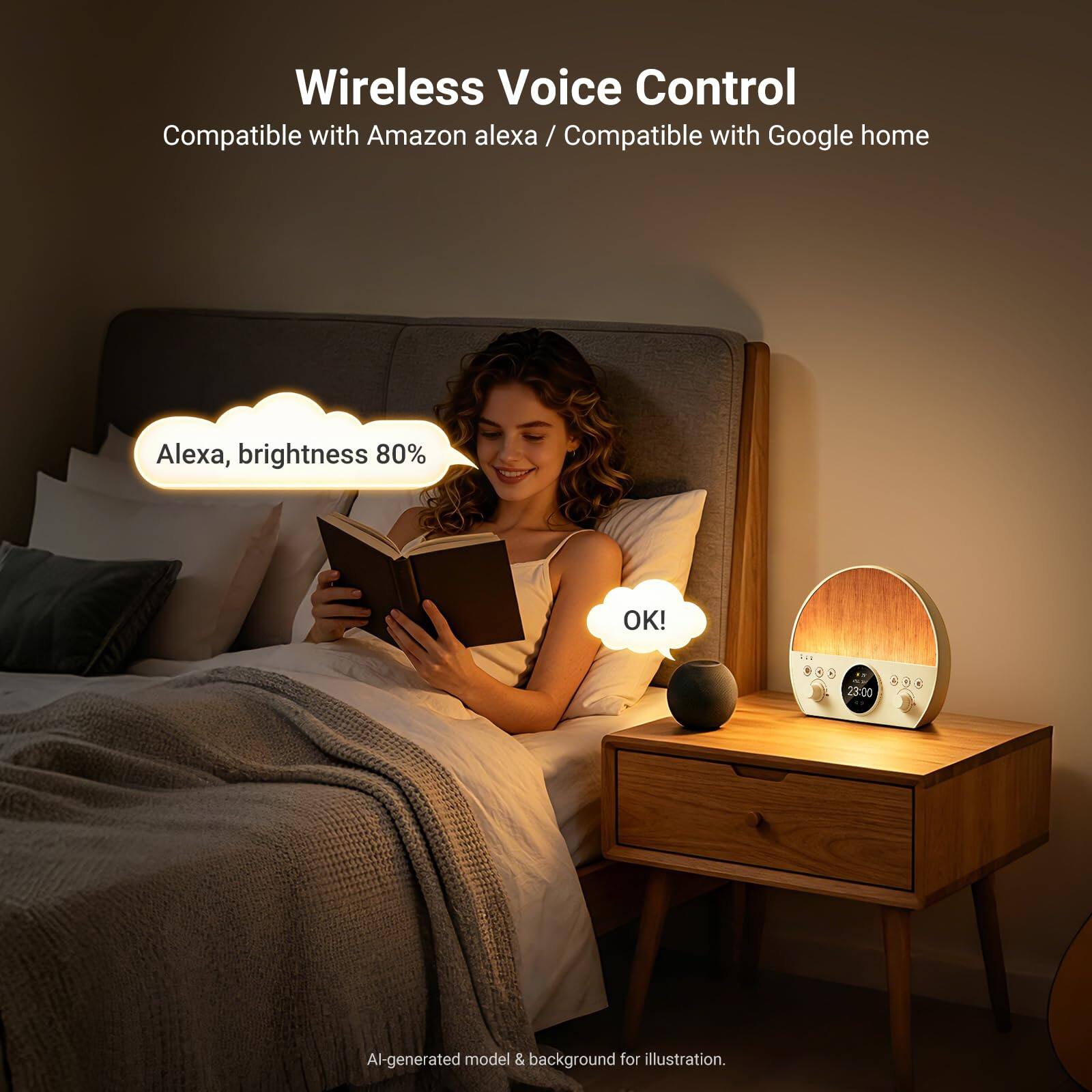 Wireless Voice Control  
Compatible with Amazon Alexa / Compatible with Google Home  
Alexa, brightness 80%  
OK!  
23:00  
AI-generated model & background for illustration.