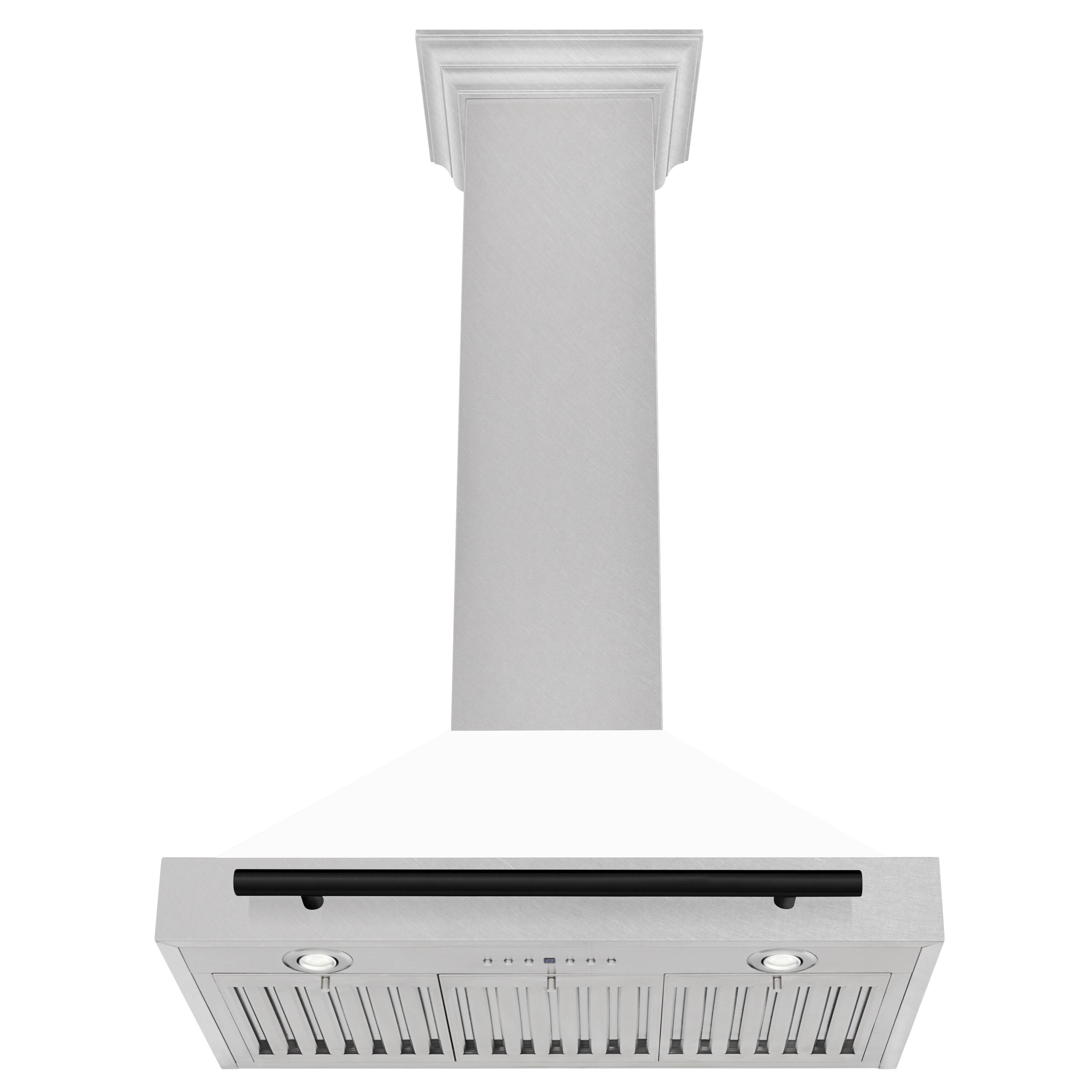 Angle. ZLINE - Autograph 30 in. Convertible Satin Stainless Steel Wall Mount Range Hood with White Matte Shell and Matte Black Handle - Stainless steel.