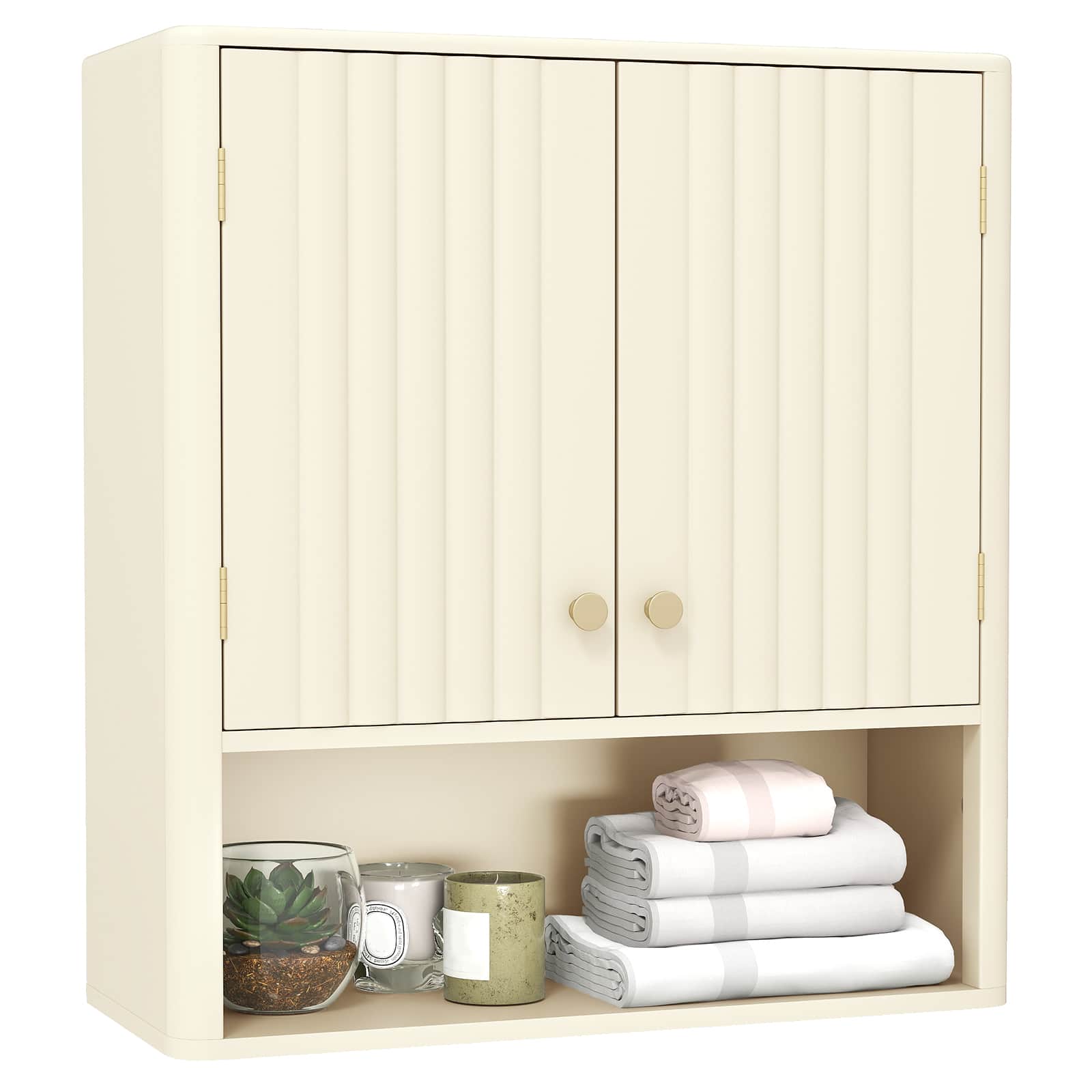 Gymax - Bathroom Wall Cabinet w/Fluted Doors Adjustable Shelf Open Storage Cube - Beige