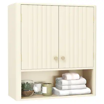 Front. Gymax - Gymax Bathroom Wall Cabinet w/Fluted Doors Adjustable Shelf Open Storage Cube Beige - Beige.