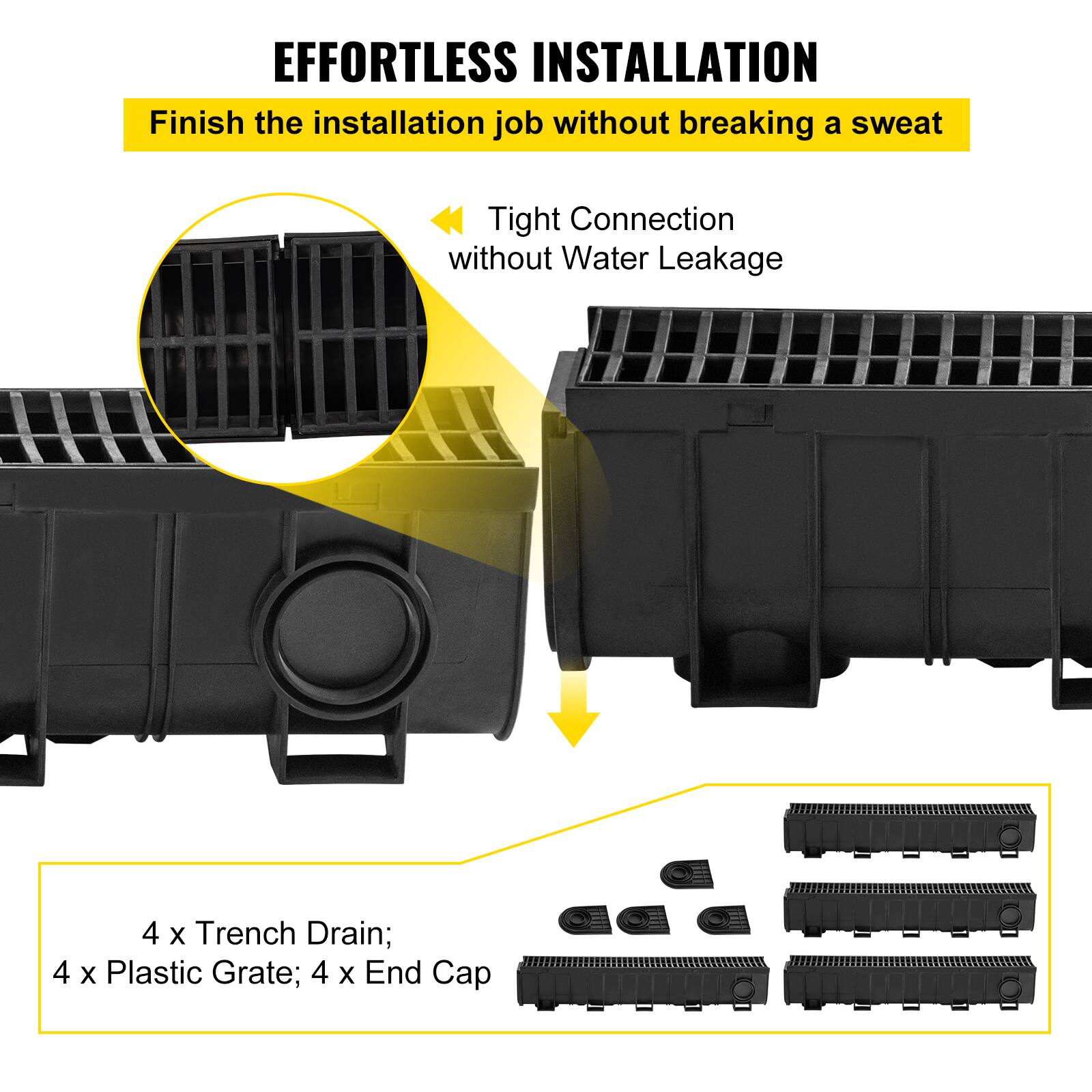 EFFORTLESS INSTALLATION  
Finish the installation job without breaking a sweat  

Tight Connection without Water Leakage  

4 x Trench Drain; 4 x Plastic Grate; 4 x End Cap