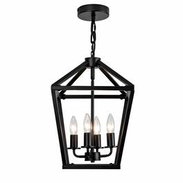 RYHNUYNE - Rustic 4-Light Farmhouse Lantern Chandelier in Matte Black for Kitchen Island, Dining Room
