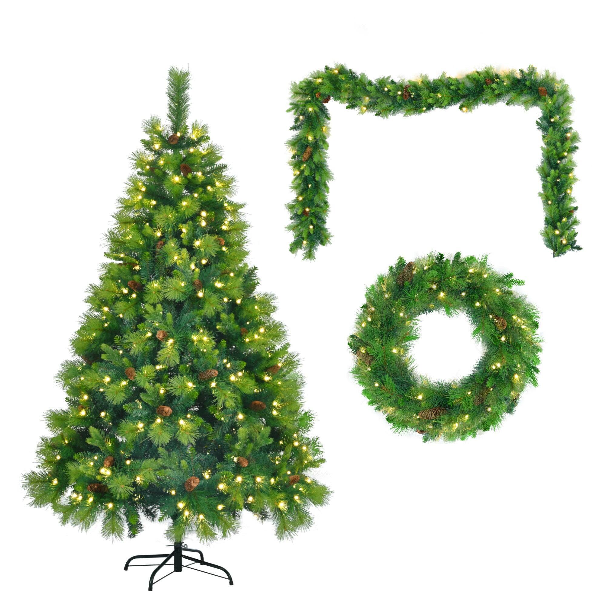 Alt View 5. BreeBe - 6FT Grass Pre-Lit Set with Tree & Garland & Wreath - Green.