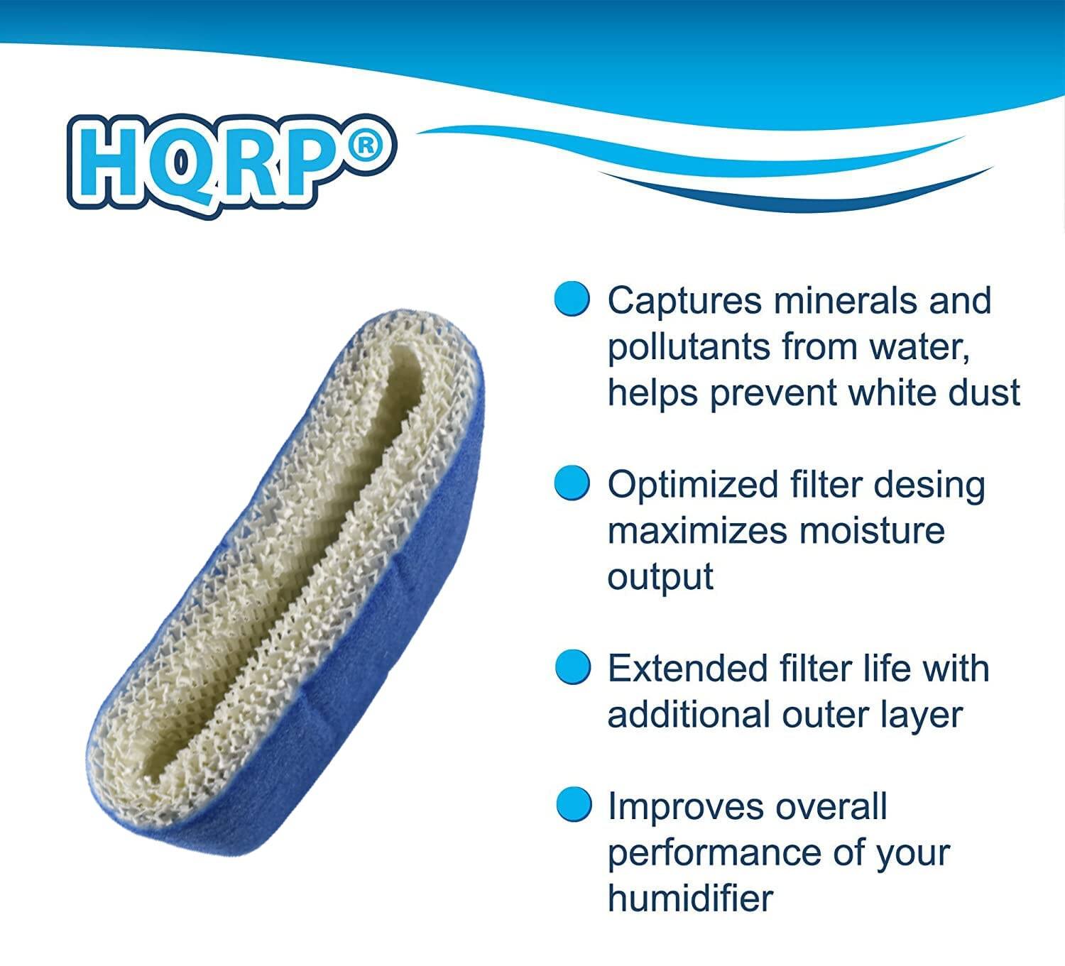 HQRPO®

- Captures minerals and pollutants from water, helps prevent white dust
- Optimized filter design maximizes moisture output
- Extended filter life with additional outer layer
- Improves overall performance of your humidifier