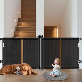 Pawtners - 2-in-1 Retractable Pet & Baby Gate, 41" Tall Mesh Barrier with Cat Door, Extends to 142" Wide – - Black