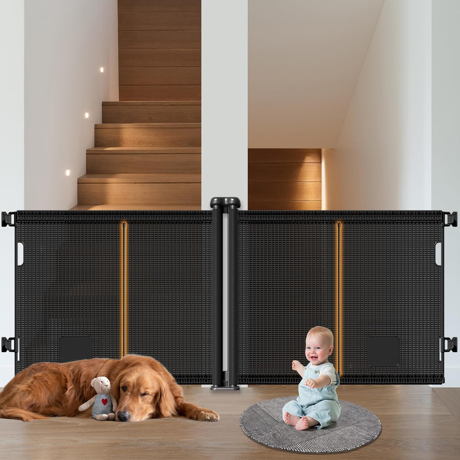 Front. Pawtners - Pawtners 2-in-1 Retractable Pet & Baby Gate, 41" Tall Mesh Barrier with Cat Door, Extends to 142" Wide – Black - Black.