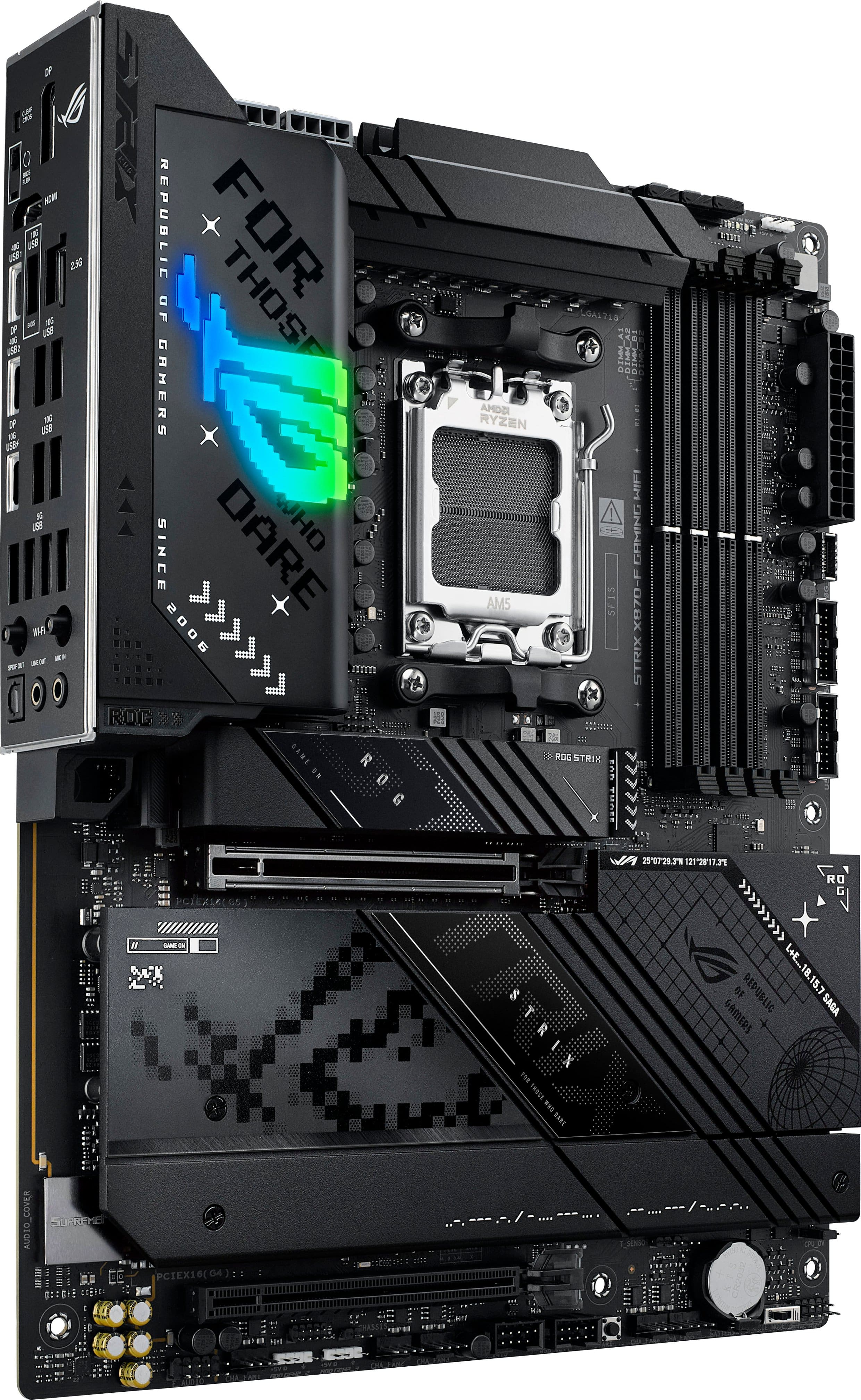 The image features a close-up of a computer tower with a black and white color scheme. The tower is part of the Republic of Gamers (ROG) series, and it is a high-performance gaming computer. The tower is equipped with a powerful processor and graphics card, making it suitable for gaming and other demanding tasks. The ROG series is known for its advanced technology and sleek design, which is evident in this particular model.