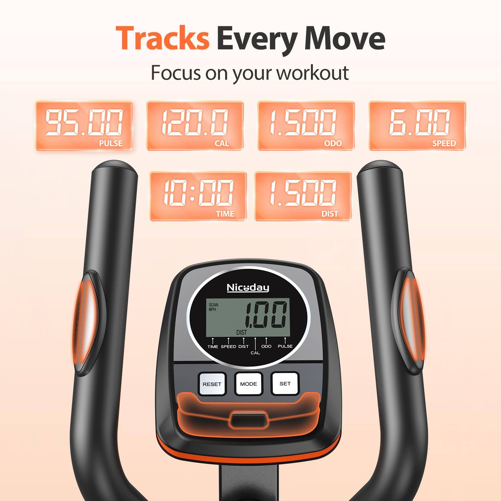 Tracks Every Move  
Focus on your workout  

95.00 PULSE  
120.0 CAL  
1.500 ODO  
6.00 SPEED  
10:00 TIME  
1.500 DIST  

Nicaday  
SCAN  
1.00  
DIST  
TIME SPEED DIST  
ODO PULSE CAL  
RESET MODE SET