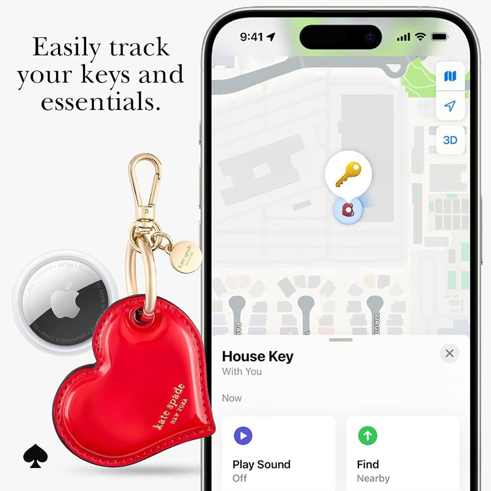 RTMB - kate spade AirTag Charm Keychain, Heart-Shaped Holder with Gold Clip - Red