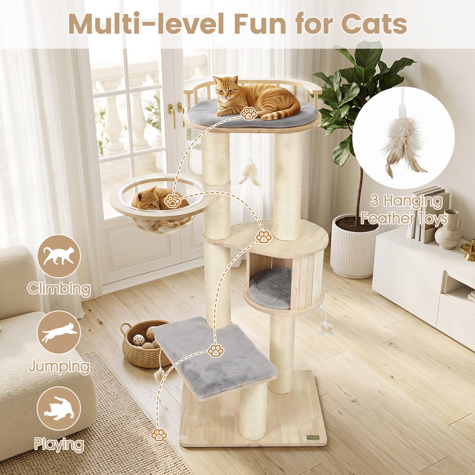 Multi-level Fun for Cats

3 Hanging Feather Toys

Climbing  
Jumping  
Playing
