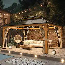 U-HOMY - Hardtop Wood Gazebo with Double Roof, Privacy Curtains, Netting, Hooks for Lighting & Ventilation - 12'x16'