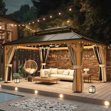 Front. U-HOMY - Hardtop Wood Gazebo with Double Roof, Privacy Curtains, Netting, Hooks for Lighting & Ventilation - 12'x16'.