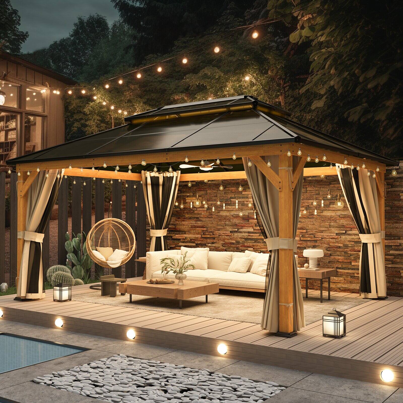 Angle. U-HOMY - 12'x16' Wood Double-Roof Gazebo - WoodFrame.