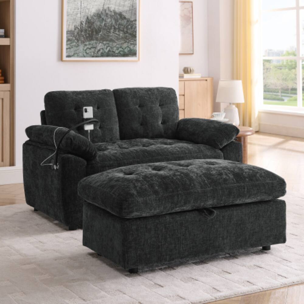 Angle. LUCKY ONE - Double Sofa Recliner w/ Manual Adjustable Backrest USB Port Phone Stand Storage Ottoman - Black.